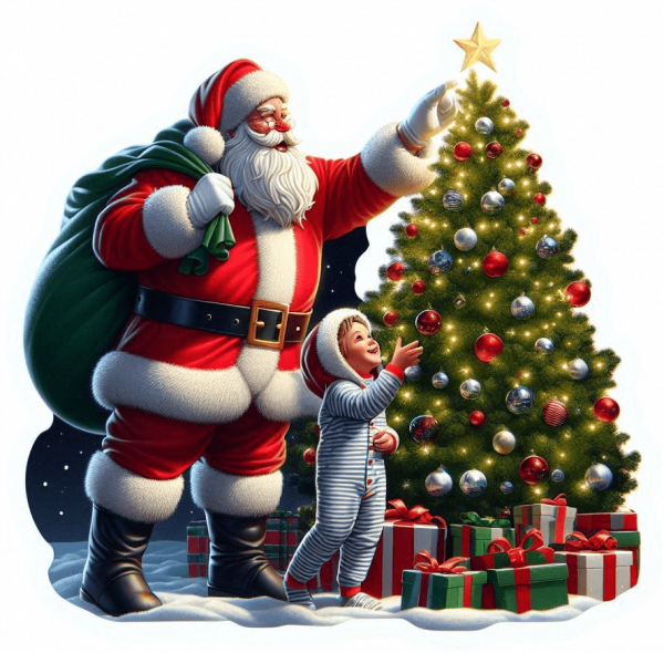 Navidad, Santa, Niño y arbolito.