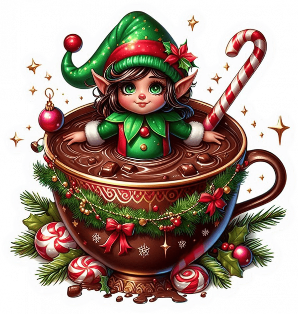 Duende y taza chocolate navidad