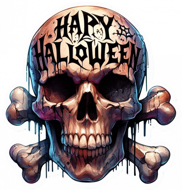 Calavera con Tibias cruzada y feliz halloween tallado