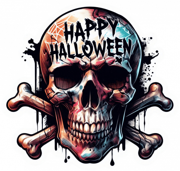 Calavera con Tibias cruzada y feliz halloween tallado
