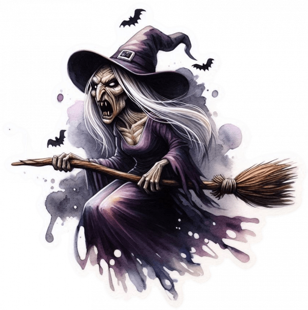 Bruja En Escoba Acuarela Gaouche