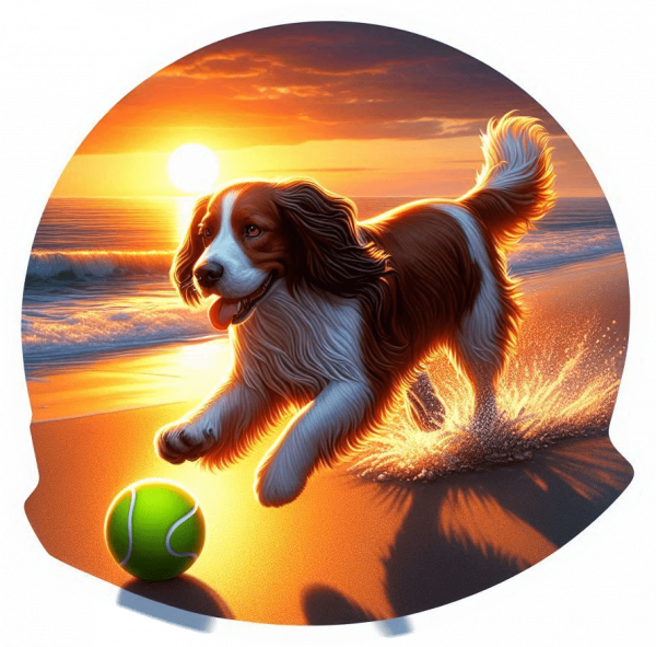 Spaniel bretón jugando en playa