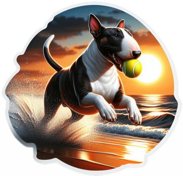 Bull terrier jugando en la Playa
