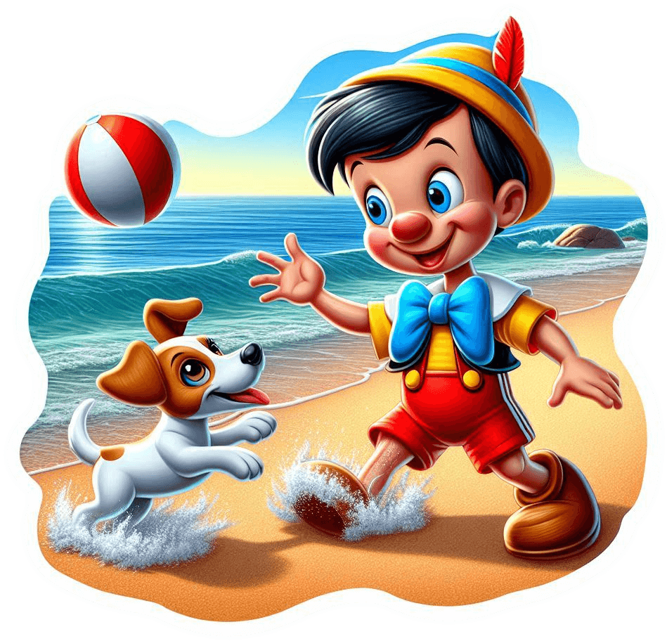 2058-Pinocho jugando 02 Pinocho Jugando En La Playa Con Su Mascota
