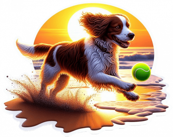 Spaniel bretón jugando en playa
