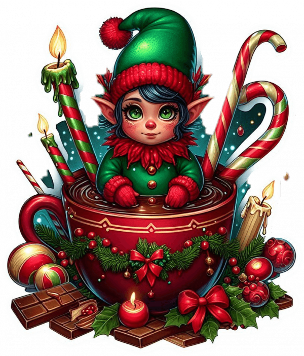 Duende y taza chocolate navidad