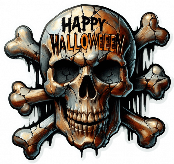 Calavera con Tibias cruzada y feliz halloween tallado