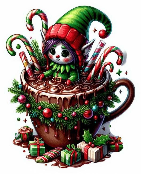 Duende y taza chocolate navidad