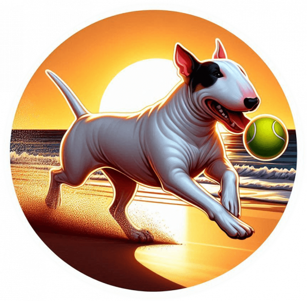 Bull terrier jugando en la Playa