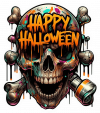 Calavera con Tibias cruzada y Feliz Halloween tallado