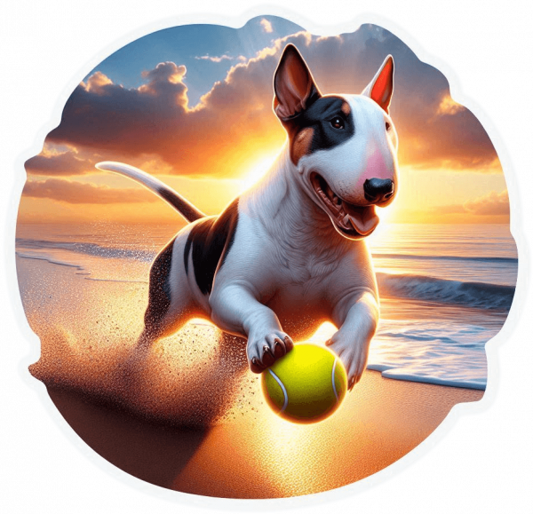 Bull terrier jugando en la Playa
