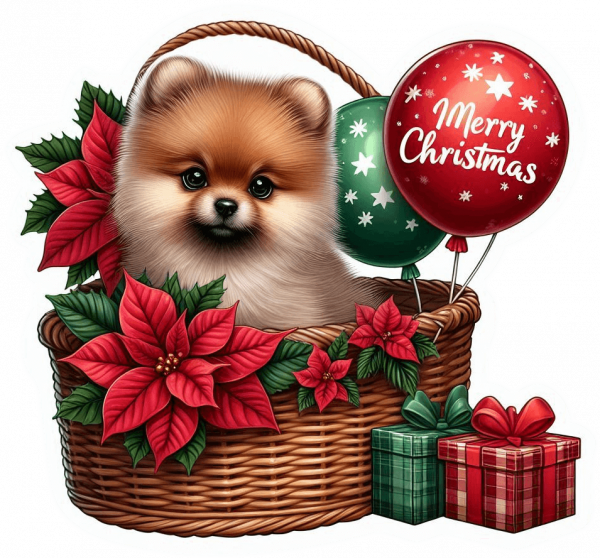 Perro Pomerania En Cesta Y Feliz Navidad 03
