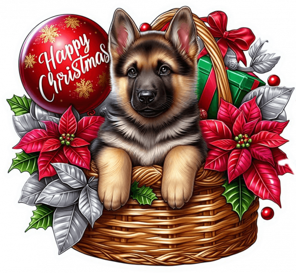 Perro Pastor Aleman En Cesta Y Feliz Navidad 01