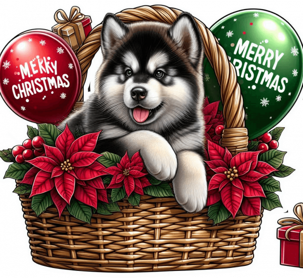 Perro Malamute De Alaska En Cesta Y Feliz Navidad