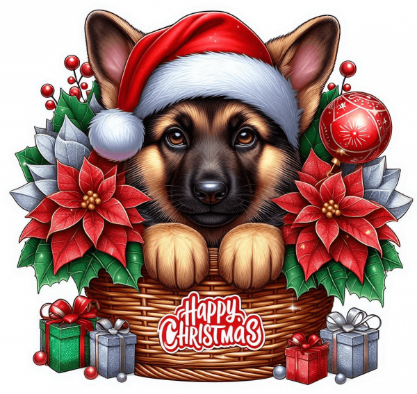 Perro Pastor Aleman En Cesta Y Feliz Navidad 04