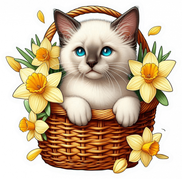 Gato Siames Cesta De Flores 01