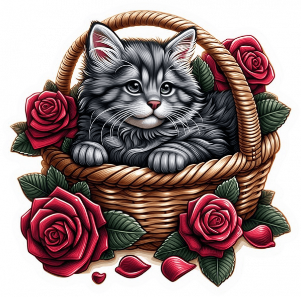 Gato Siberiano Cesta Y Rosas 01