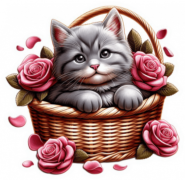 Gato Siberiano Cesta Y Rosas 04