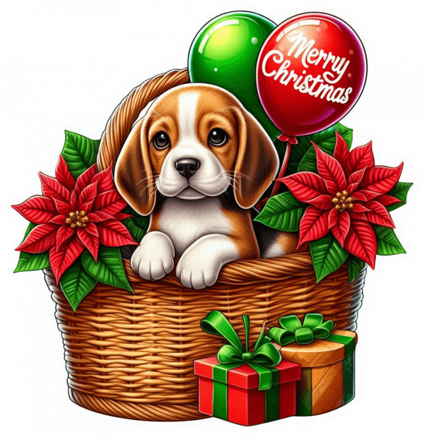 Perro Beagle En Cesta Y Feliz Navidad 01