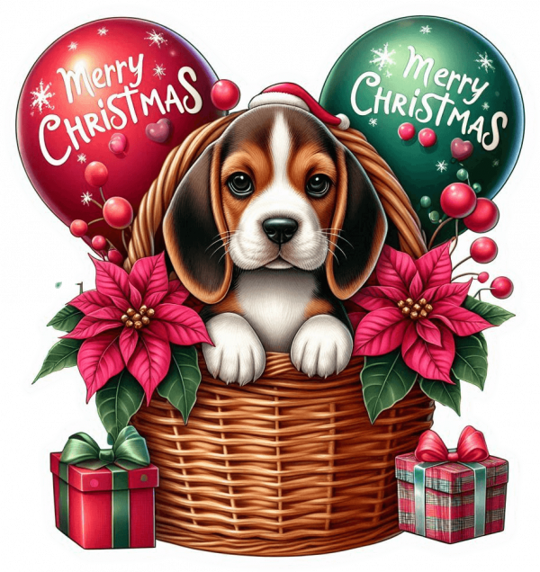 Perro Beagle En Cesta Y Feliz Navidad 03