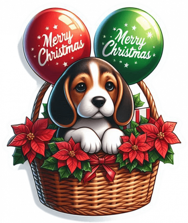 Perro Beagle En Cesta Y Feliz Navidad 04