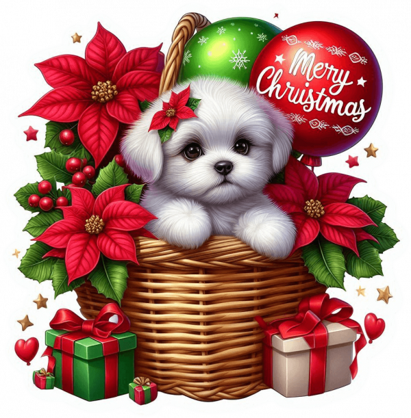 Perro Bichón Maltés En Cesta Y Feliz Navidad 04