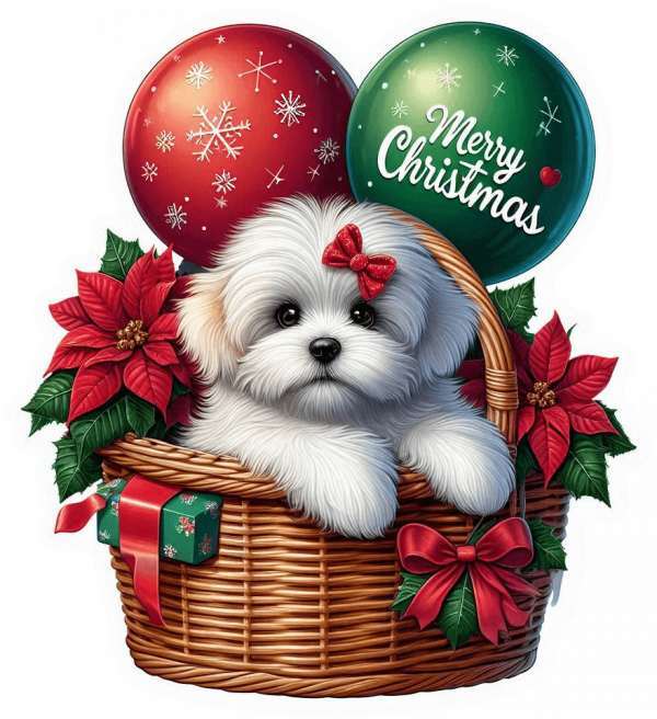Perro Bichón Maltés En Cesta Y Feliz Navidad
