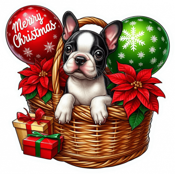 Perro Boston Terrier En Cesta Y Feliz Navidad 02