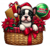Perro Boston Terrier En Cesta Y Feliz Navidad 03