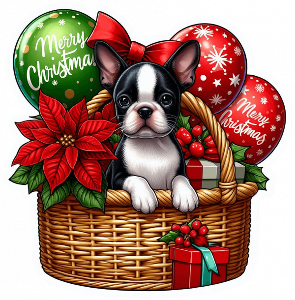 Perro Boston Terrier En Cesta Y Feliz Navidad 01