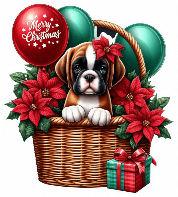 Perro Boxer En Cesta Y Feliz Navidad 01