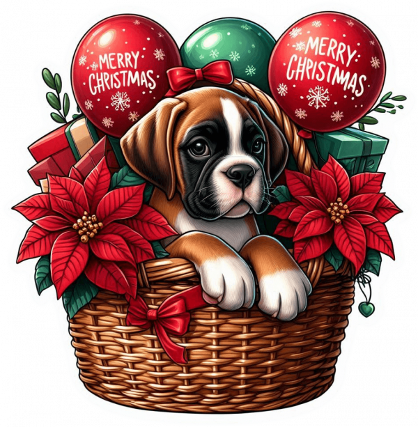 Perro Boxer En Cesta Y Feliz Navidad 03