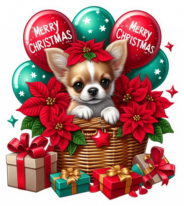Perro Chihuahua En Cesta Y Feliz Navidad 01