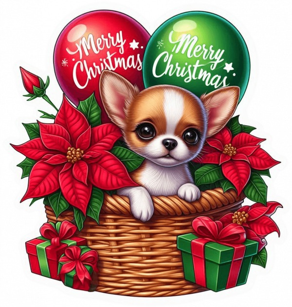 Perro Chihuahua En Cesta Y Feliz Navidad 03