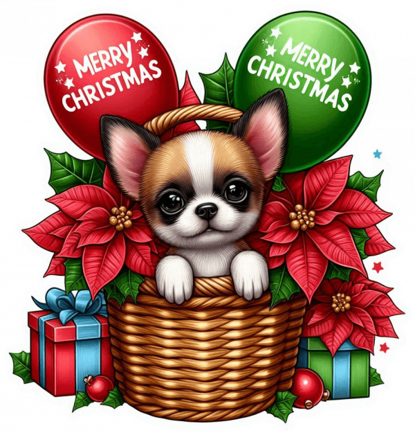 Perro Chihuahua En Cesta Y Feliz Navidad 04
