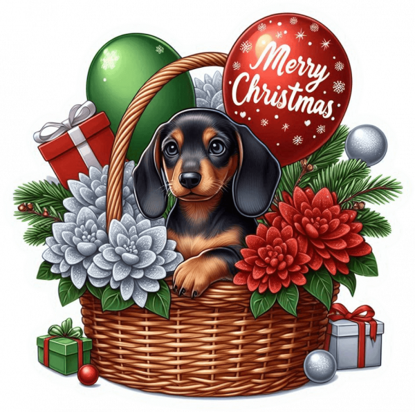 Perro Dachshund En Cesta Y Feliz Navidad 01