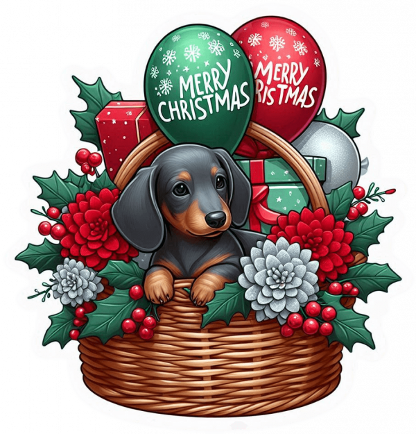 Perro Dachshund En Cesta Y Feliz Navidad 02