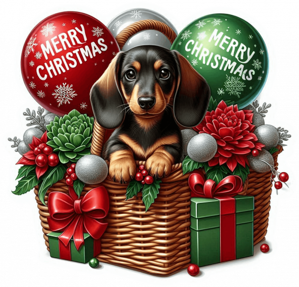 Perro Dachshund En Cesta Y Feliz Navidad 03