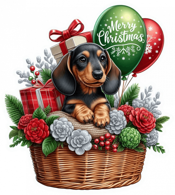 Perro Dachshund En Cesta Y Feliz Navidad 04