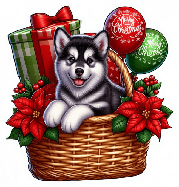 Perro Malamute De Alaska En Cesta Y Feliz Navidad