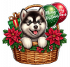 Perro Malamute De Alaska En Cesta Y Feliz Navidad