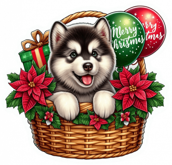 Perro Malamute De Alaska En Cesta Y Feliz Navidad
