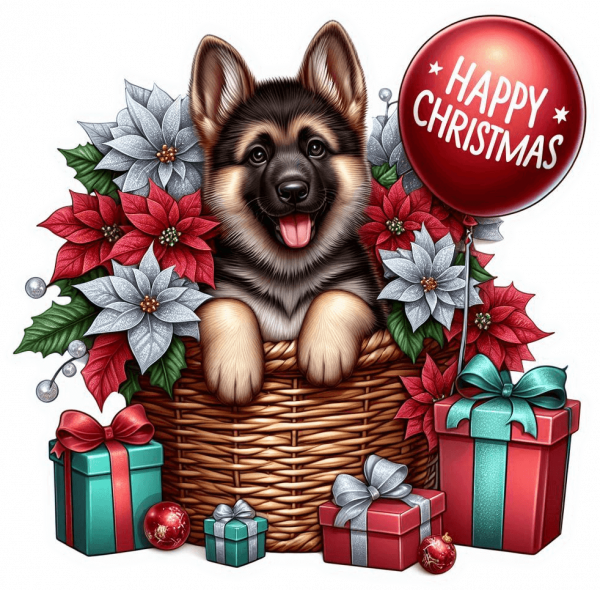 Perro Pastor Aleman En Cesta Y Feliz Navidad 02