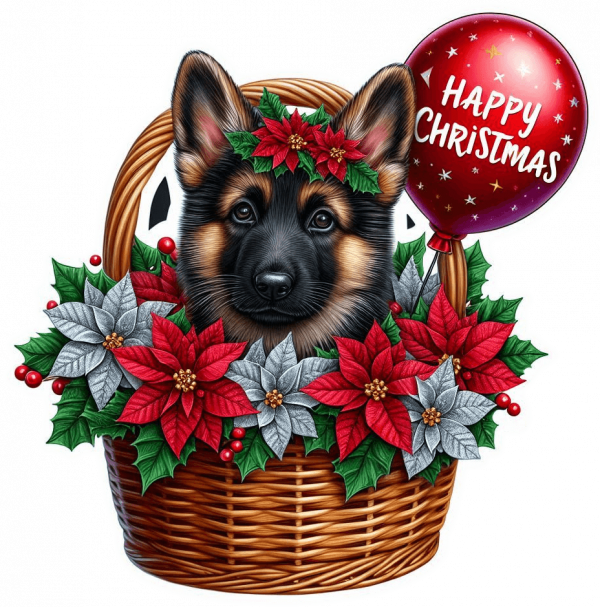 Perro Pastor Aleman En Cesta Y Feliz Navidad 03