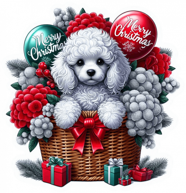 Perro Poddle En Cesta Y Feliz Navidad 01