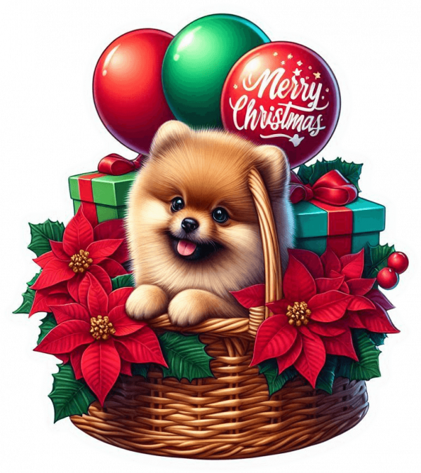 Perro Pomerania En Cesta Y Feliz Navidad 01