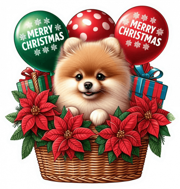 Perro Pomerania En Cesta Y Feliz Navidad 02