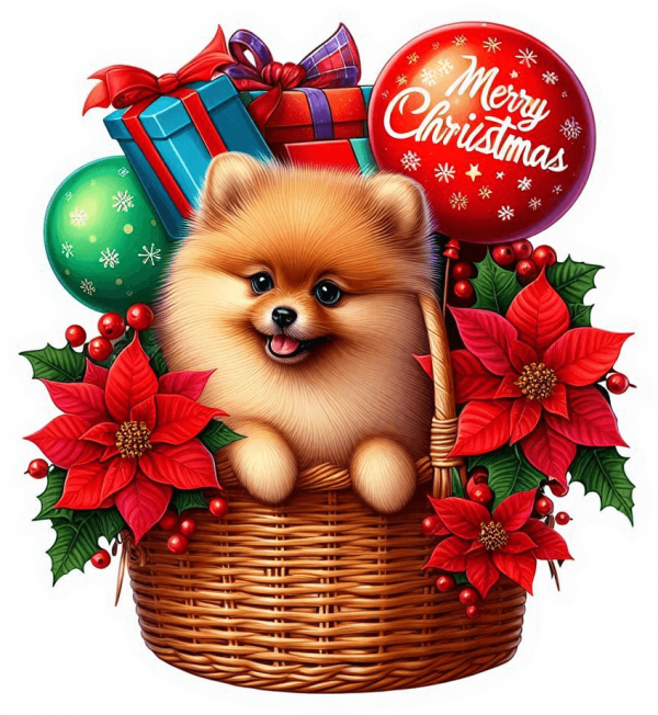 Perro Pomerania En Cesta Y Feliz Navidad 04