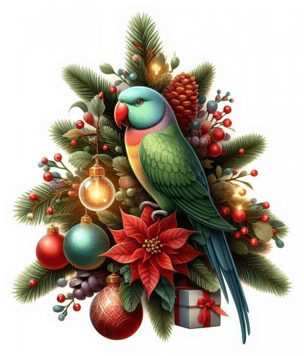 Periquito Cuello Anillado y Arbol de Navidad 01