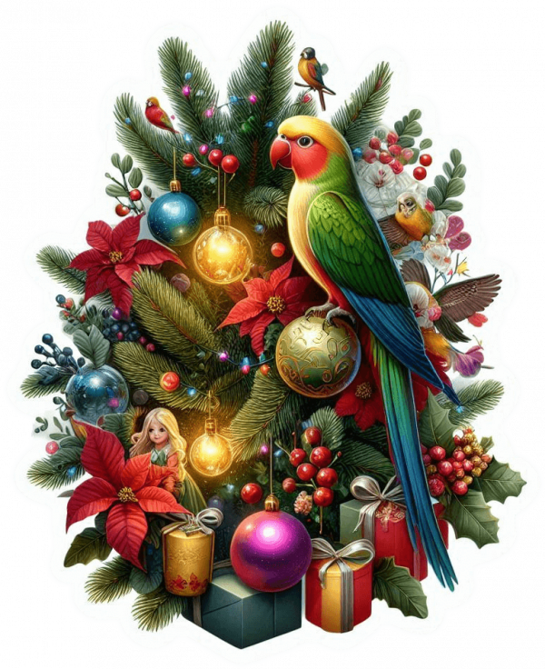 Periquito Cuello Anillado y Arbol de Navidad 02